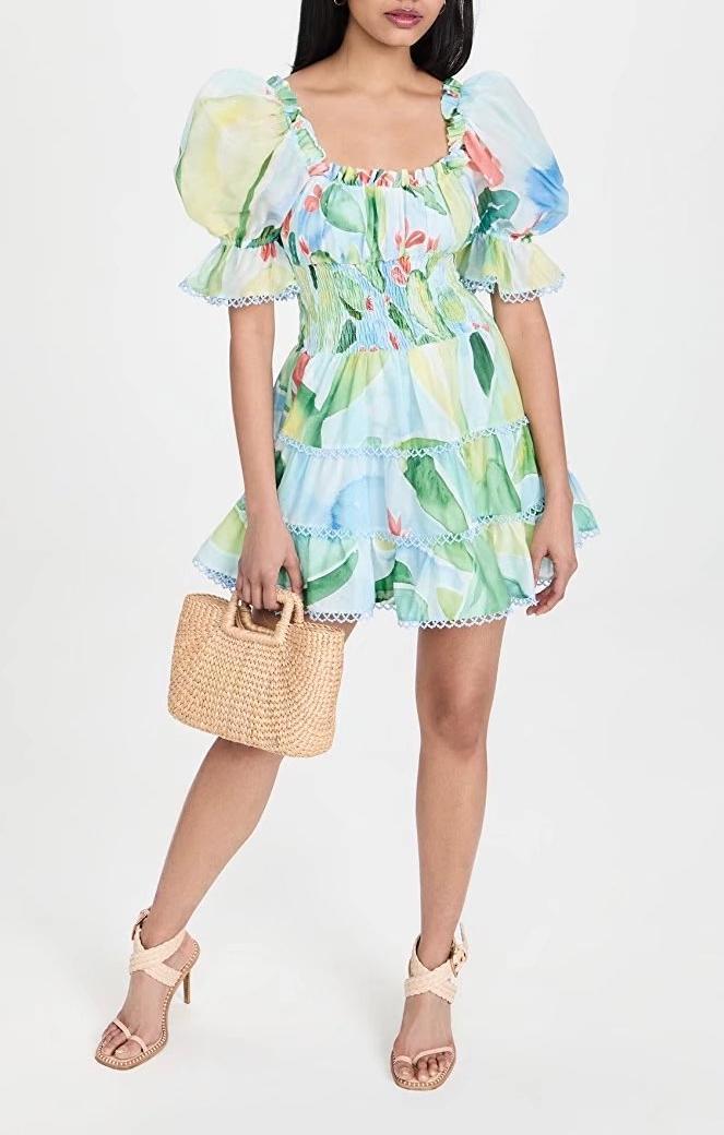 Spring and Summer Square Collar Printed Short Sleeve Dress - High Waist A-line Tiered Dress - Ootddress