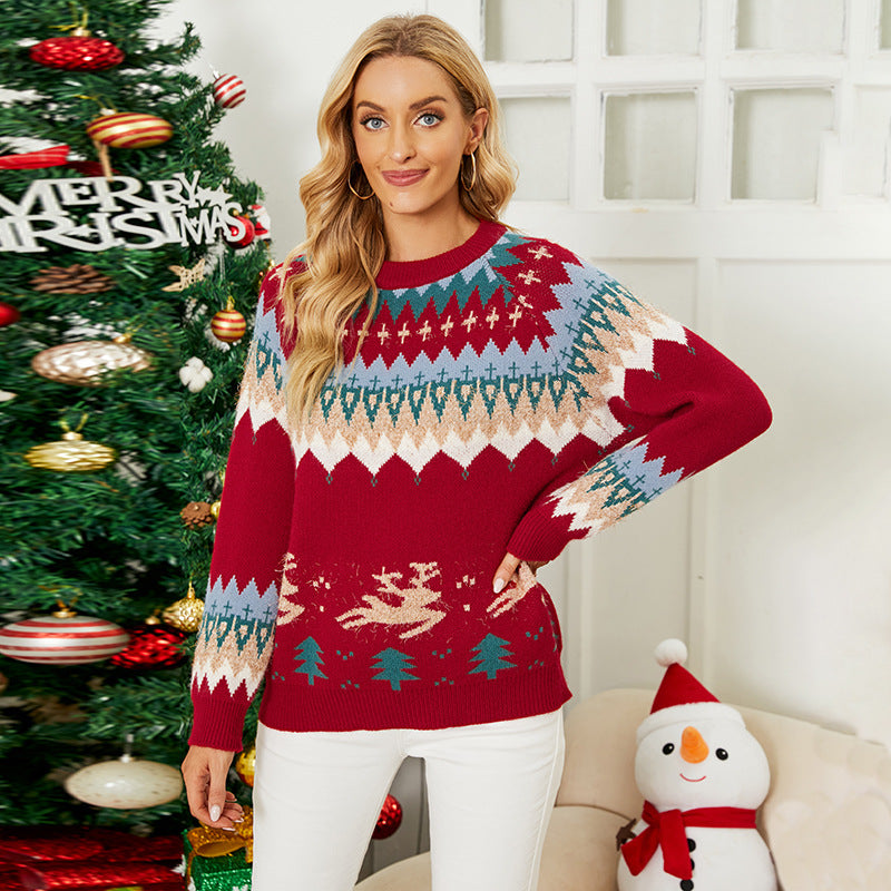 Christmas Sweater Women Autumn Winter Deer Jacquard Pullover Christmas Tree Sweater - Ootddress