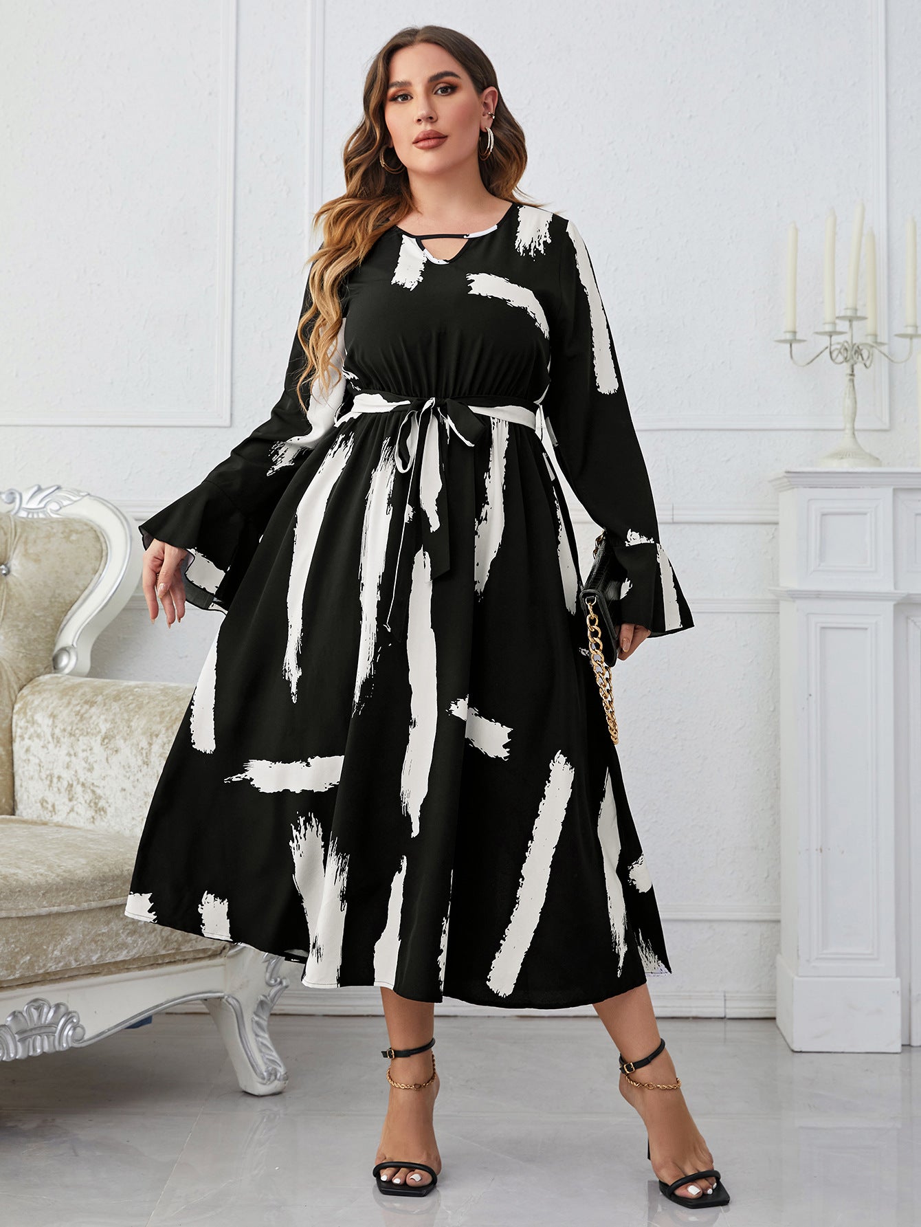 Popular Black White Characteristic Neckline Flared Plus Size Maxi Dress - Ootddress