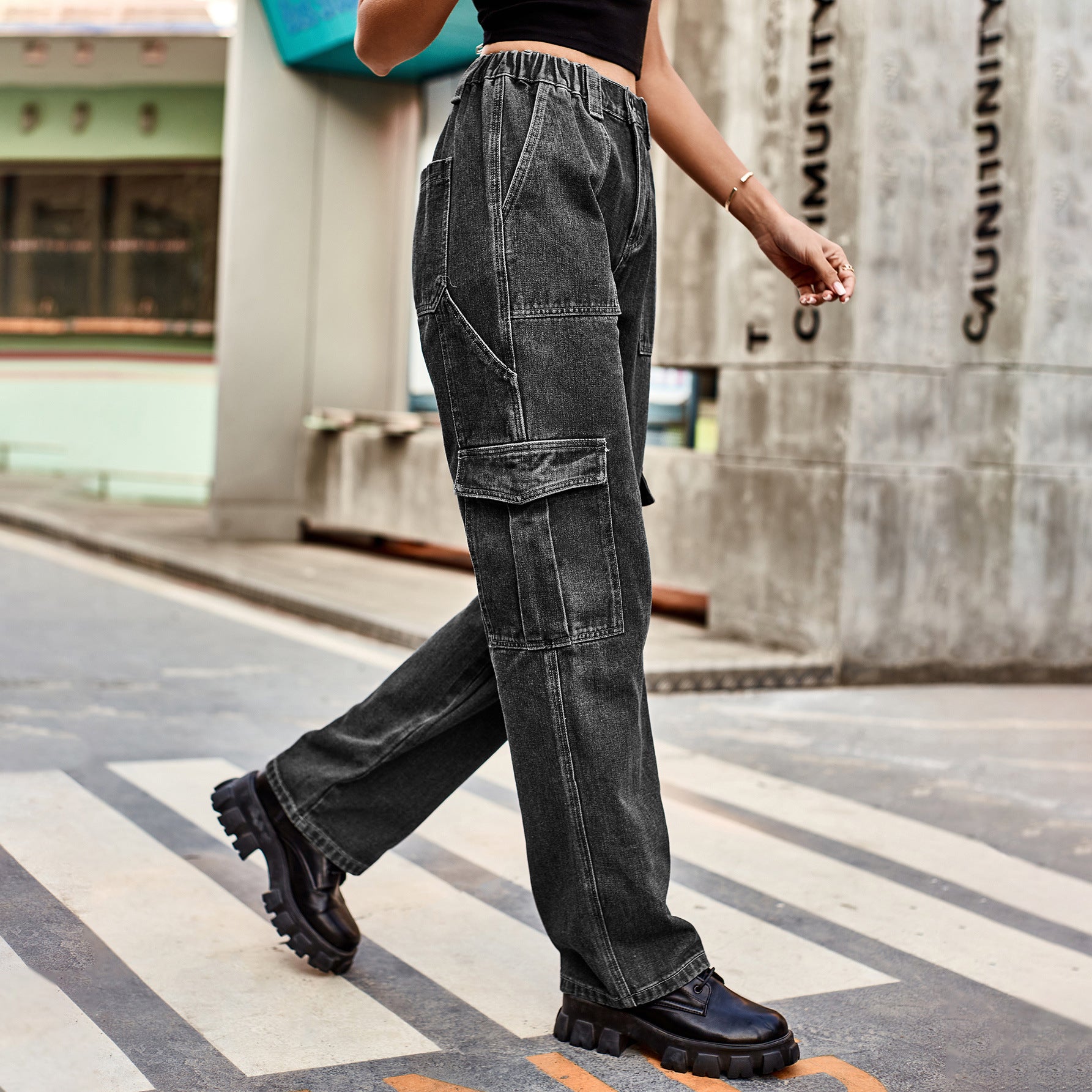 Washed Semi Elastic Denim Cargo Pants: Stylish Casual Pants for Women - Ootddress