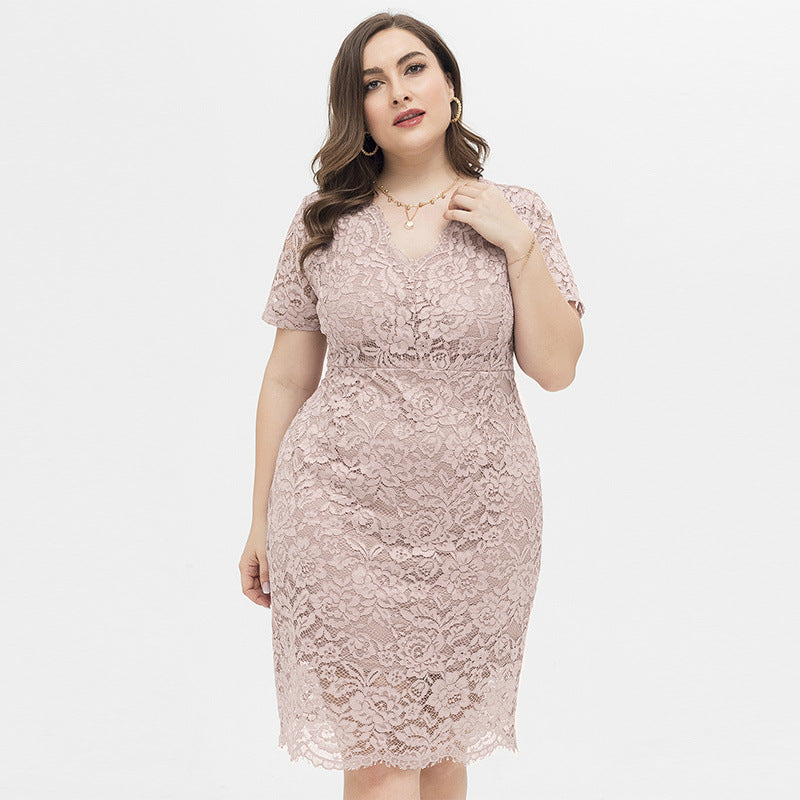 Plus Size Sexy V neck Lace Dress Women Clothing Cocktail Evening Dress - Ootddress