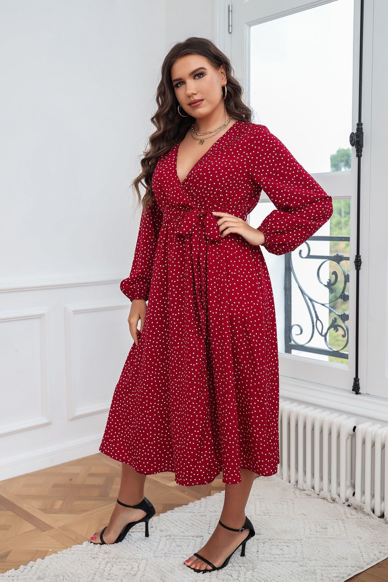 Plus Size Swing Artistic Red Dress - Cotton Office Polka Dot Long Sleeve Women Clothing - Ootddress