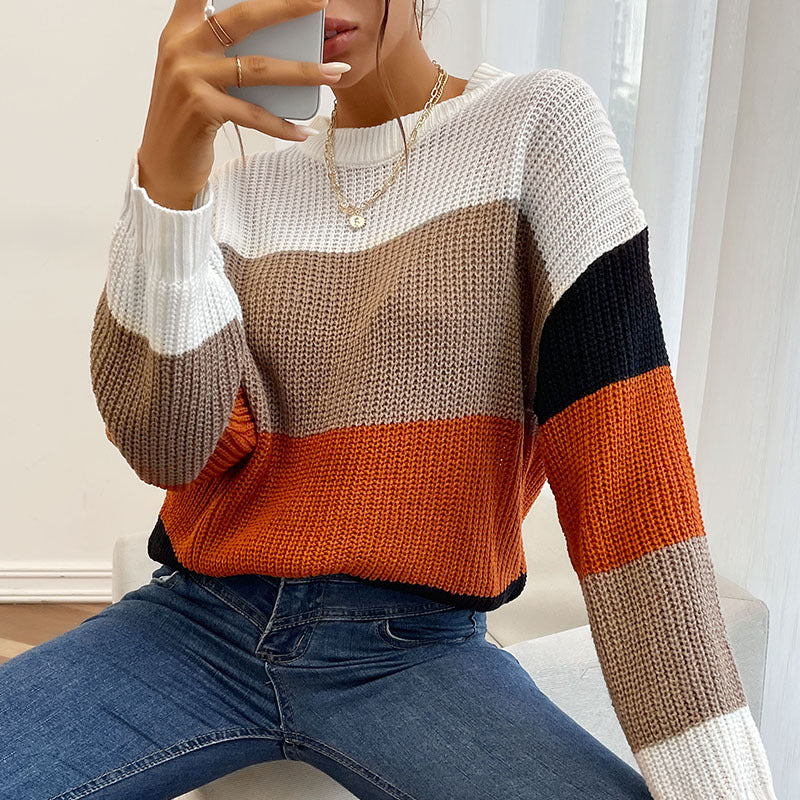 Autumn Winter Color-Block Crew Neck Women Sweater: Effortless Style for the Season - Ootddress