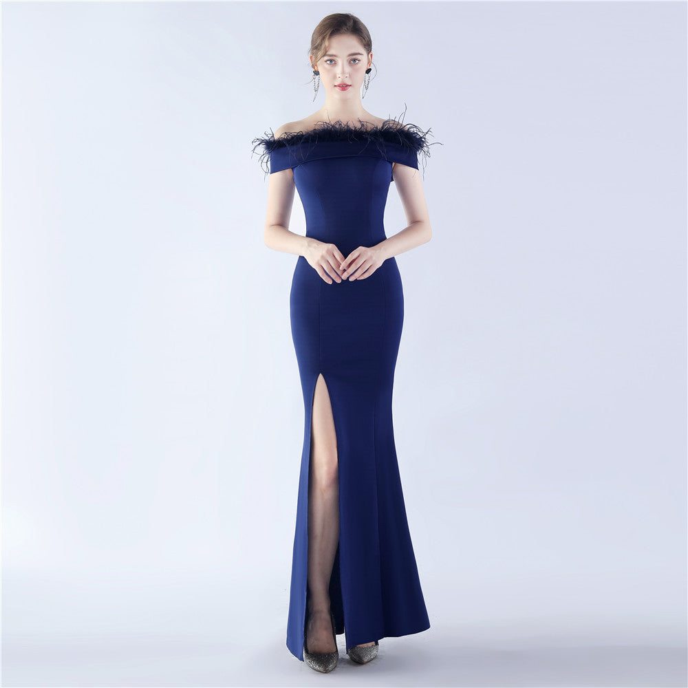 Satin Craft Ostrich Feather Off The Neck Tube Top Evening Dress - Ootddress