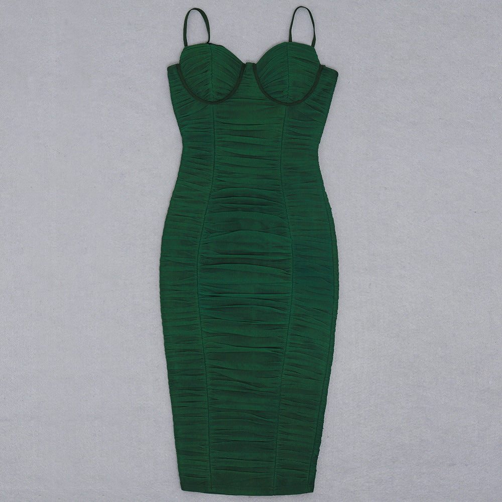 Women Sexy Sling Bandage Dress Cocktail Party Elegant Dress Mesh Pleats Tight Dress - Ootddress