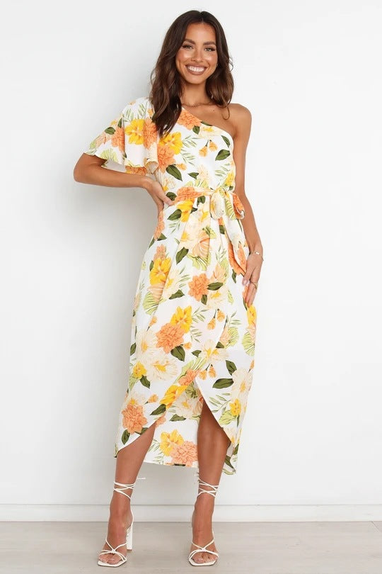 Spring Summer Printed Lace up Asymmetric Dress Women  Clothing - Ootddress
