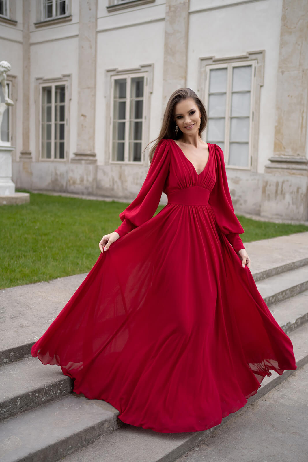 Fall Women  Clothing Dress Sexy Chiffon Long Sleeve Red Dress Long Dress - Ootddress