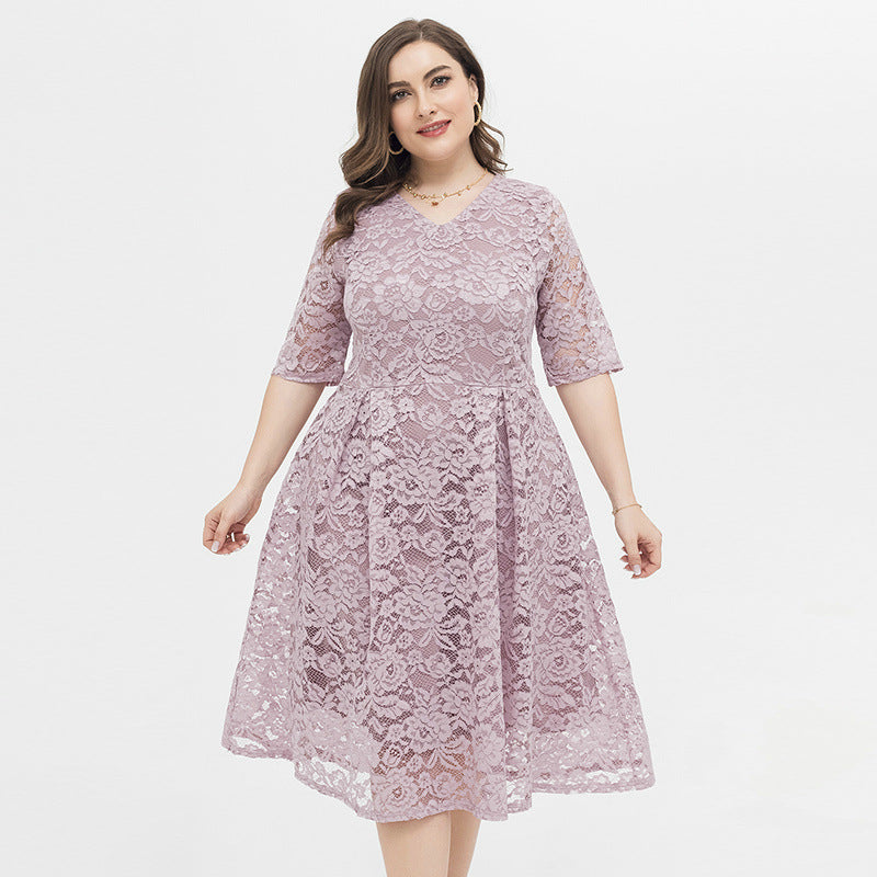 Plus Size Spring Summer Women Light Dress Large Lace Three Quarter Sleeve Dress - Ootddress