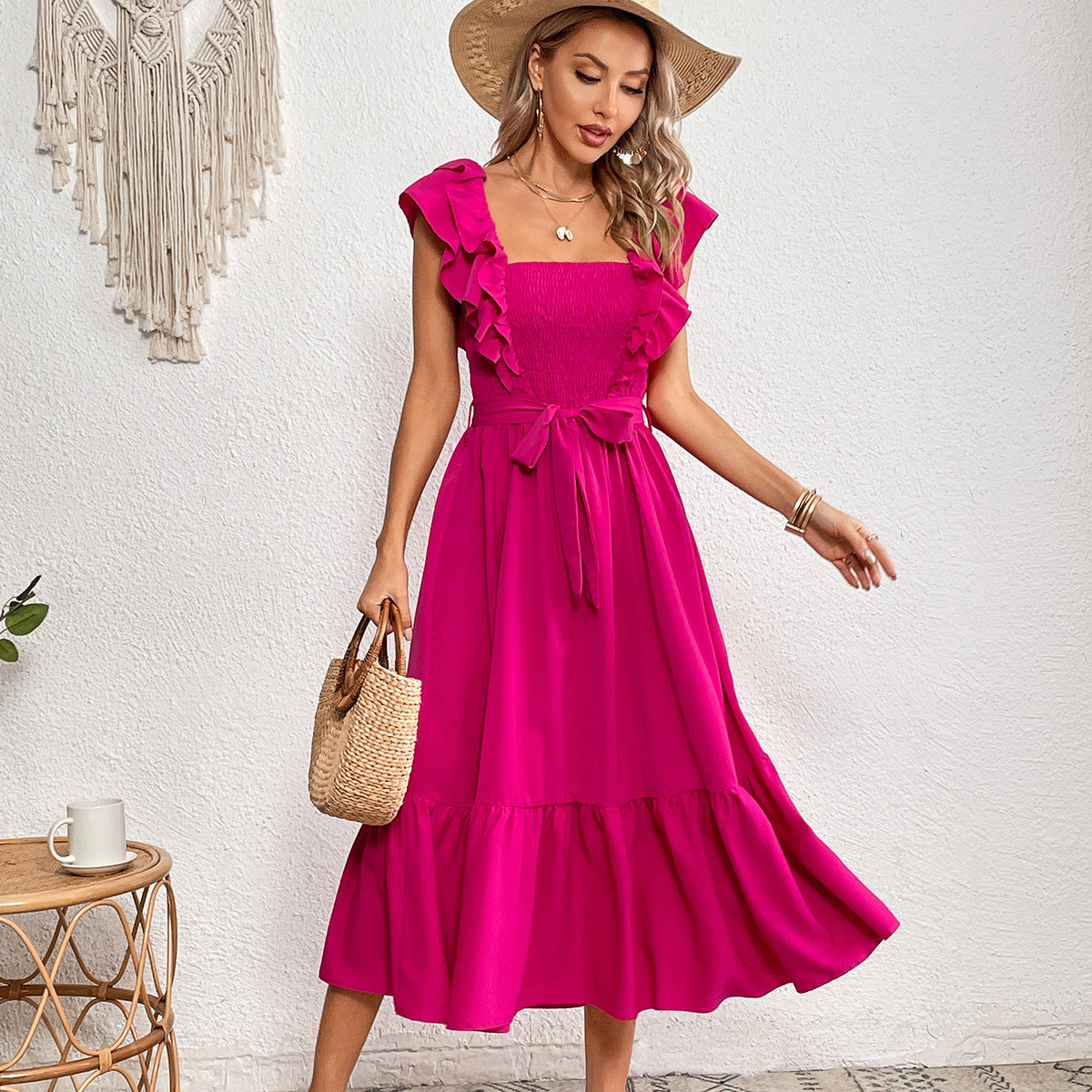 Summer Women Clothing Petal Sleeve Sweet Mid Length Short Sleeve Dress - Ootddress