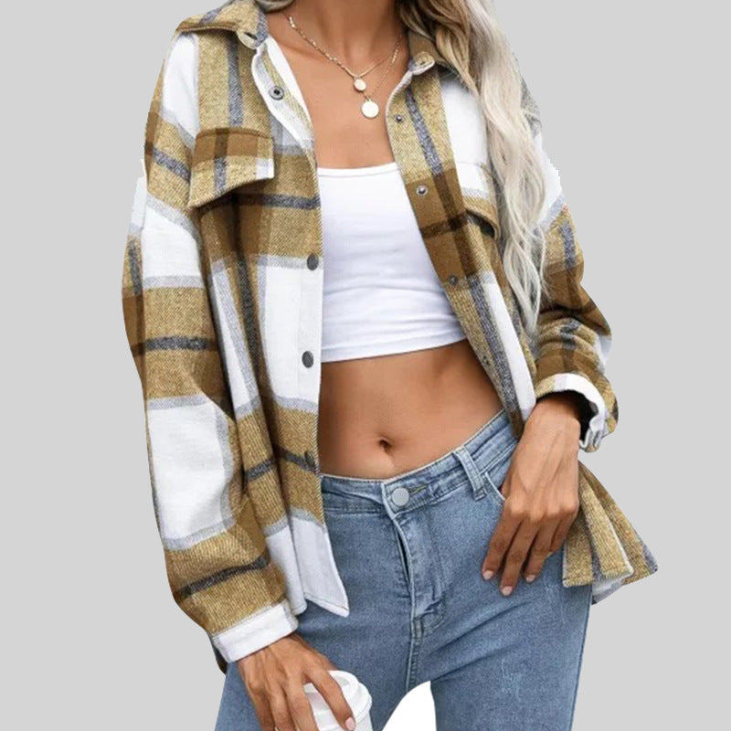 Woolen Plaid Long Sleeve Turn Down Collar Coat - Thick Casual Loose Shirt - Ootddress