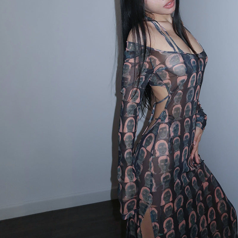 Portrait Printing Black Mesh Long Sleeve Hollow Out Cutout Side Slit Dress for Women - Ootddress