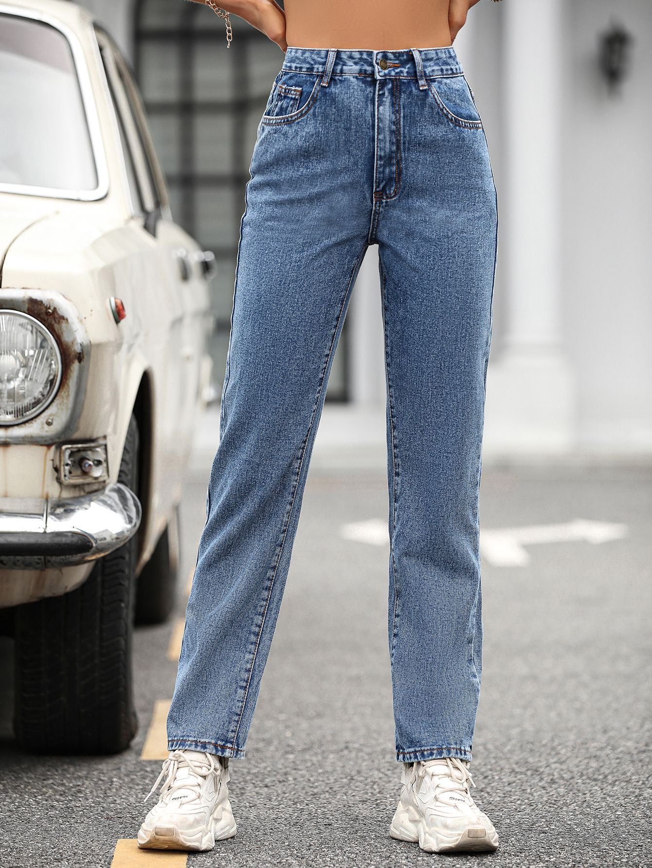 Women Clothing Retro High Waist Denim Straight Leg Trousers - Stylish Vintage Jeans for Fashionable Ladies - Ootddress