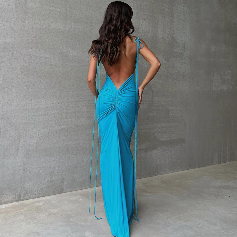 Solid Color Sexy Backless Pleated Long Elegant Slim Strap Dress for Women - Ootddress