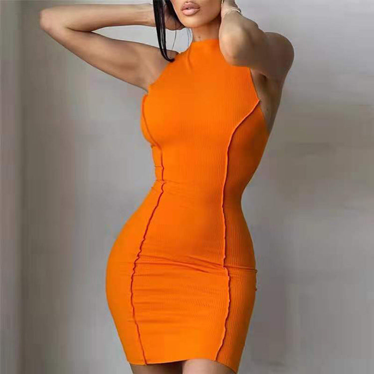 Summer Women Round Neck Sleeveless Solid Color Slim Sheath Dress - Ootddress