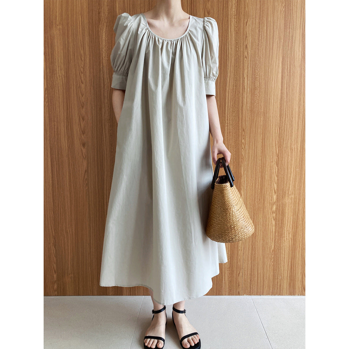 Puff Sleeve Mid Length Dress Loose Slimming A line Dress - Ootddress