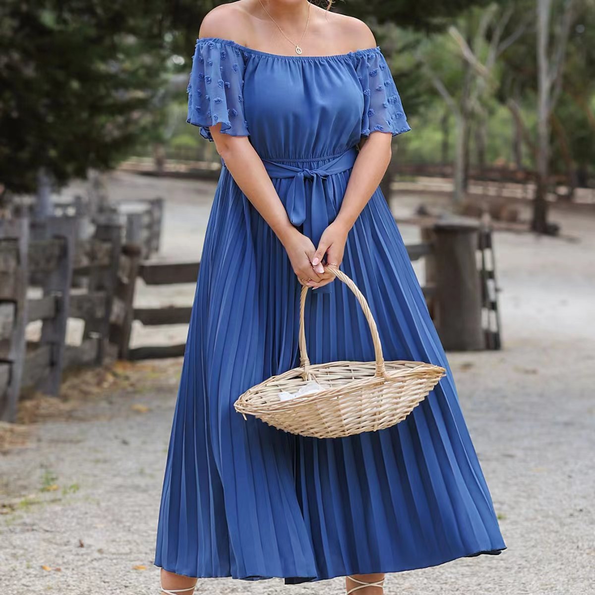 Plus Size Retro Solid Color off Shoulder Office Artistic Pleated Maxi Dress Women - Ootddress