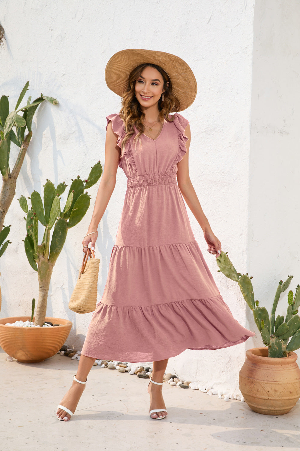 V Neck High Waist Tiered Maxi Dress - Perfect for Casual Vacation Travel - Ootddress