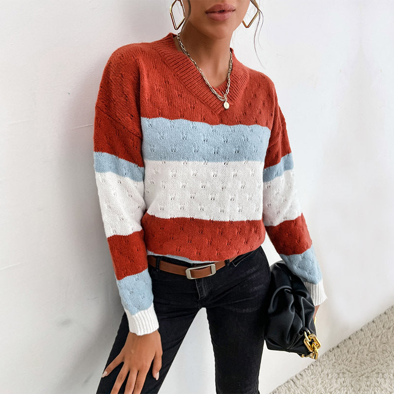 Autumn Winter Women's Loose Color Matching Long Sleeve Sweater - Ootddress
