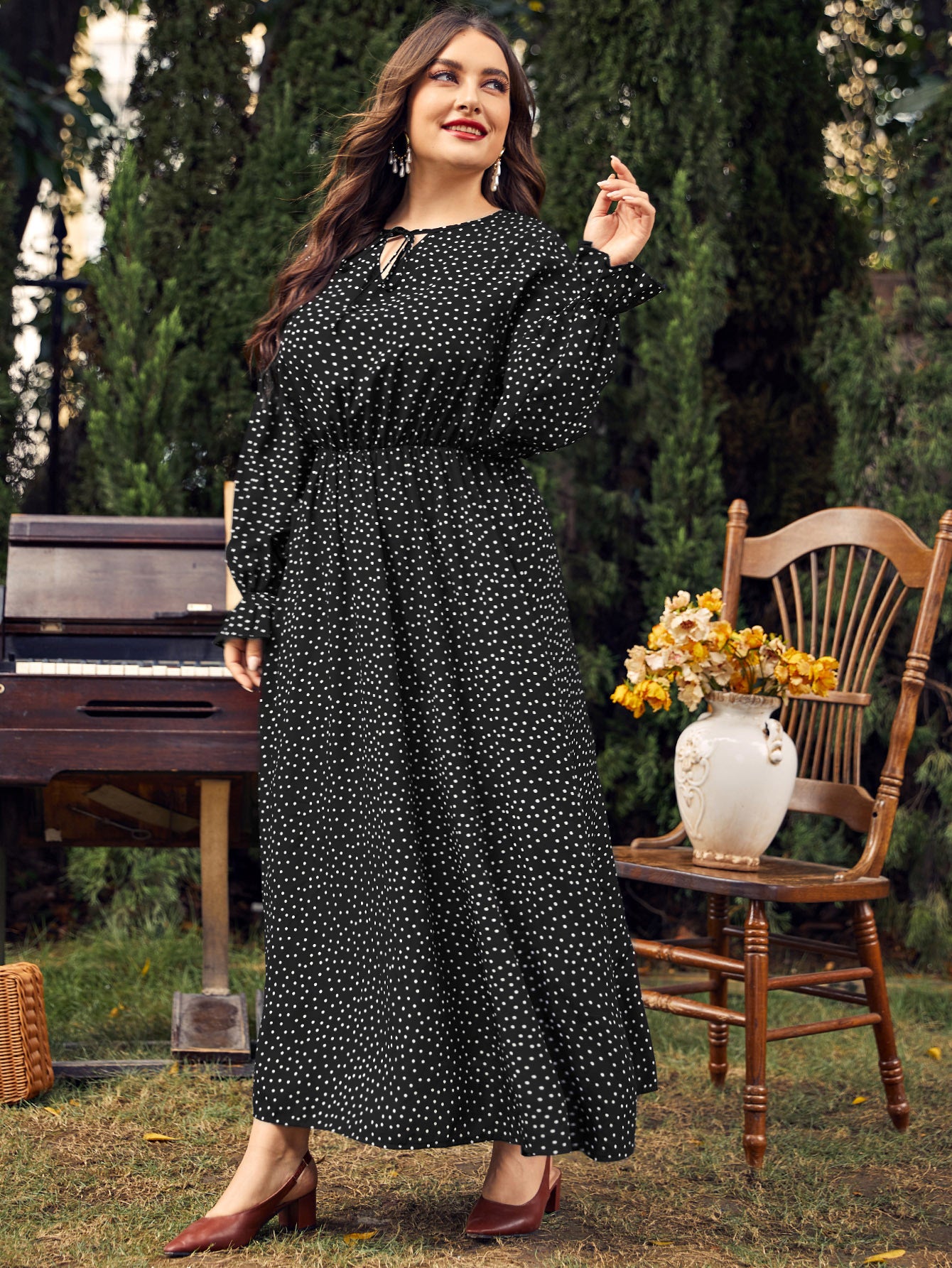 Plus Size Polka-Dot Loose-Fitting Long Sleeve Dress for Women - Ootddress