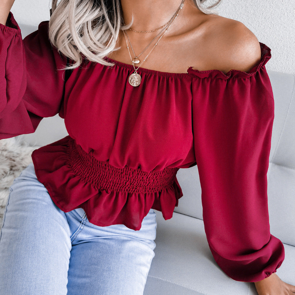 Real Shot Autumn Winter Sexy Off Shoulder Ruffled Chiffon Shirt Top - Ootddress