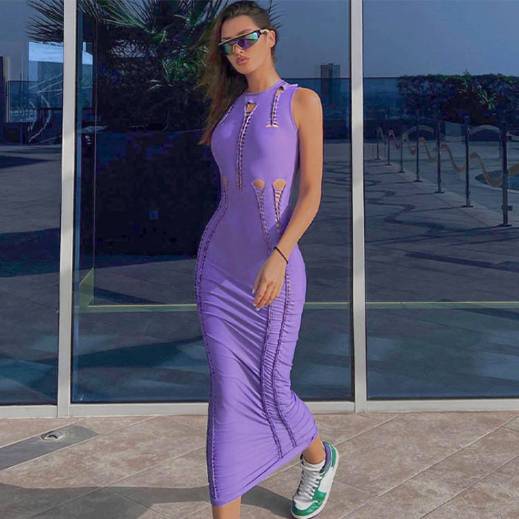 Women  Clothing Summer Solid Color Hollow Out Cutout Slim round Neck Sleeveless Dress - Ootddress