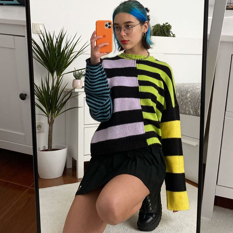Autumn Winter Women's Trendy Contrast Color Striped Asymmetric Pullover Sweater - Ootddress