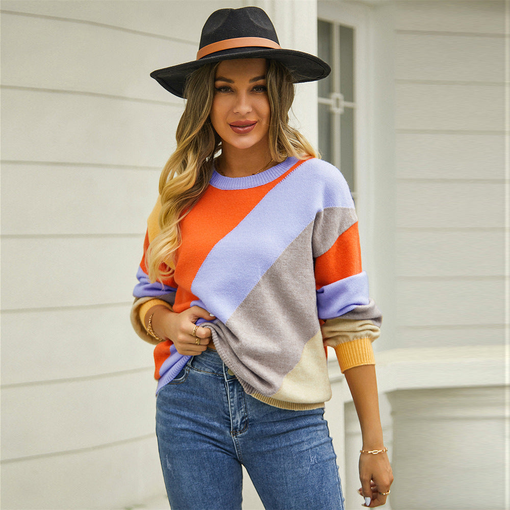 Autumn Winter Striped Stitching Round Neck Sweater for Women - Ootddress