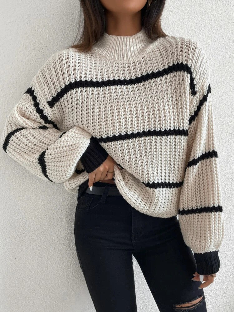 Lantern Sleeve Pullover: Elegant Round Neck Striped Knitted Sweaters for Women - Autumn Winter Collection - Ootddress