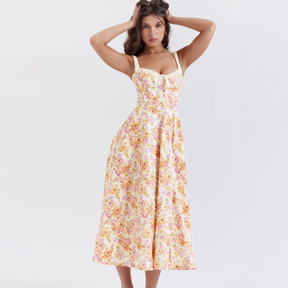 Summer Women Clothing Floral Slip Dress - Backless Slit Mid Length Vacation Dress - Ootddress