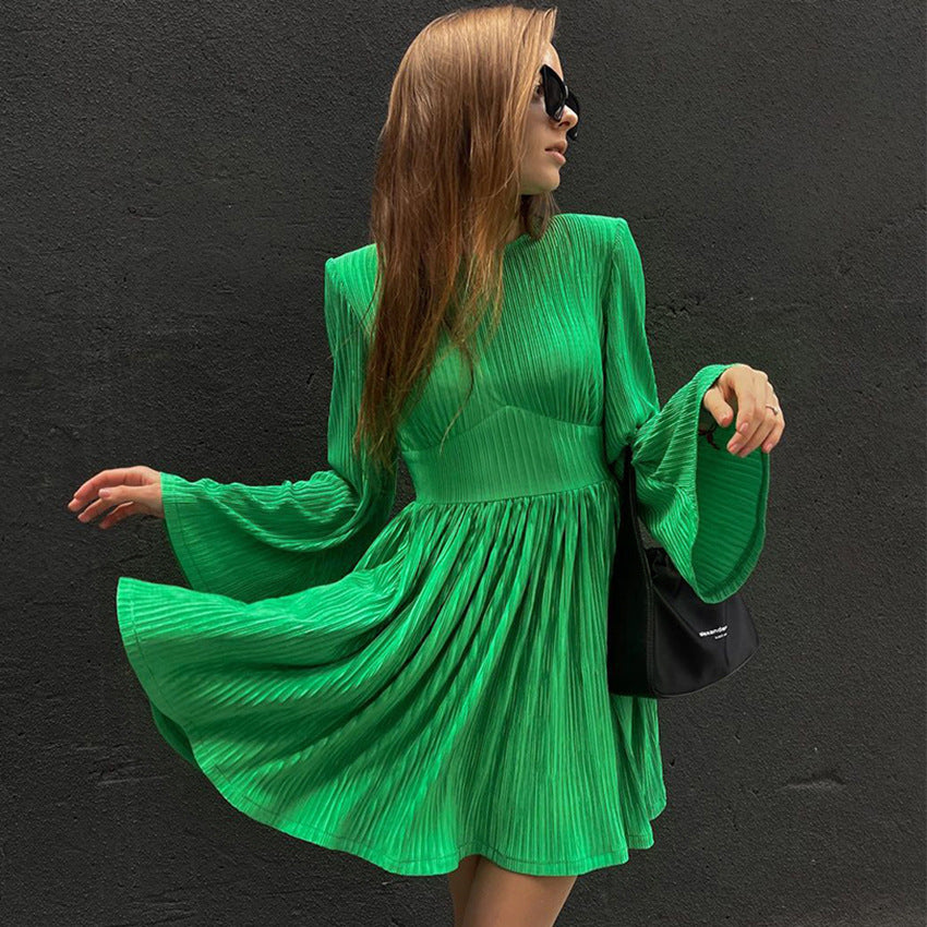Spring Fitted Waist Flare Sleeve Pleated Sexy A Line Dress - Ootddress