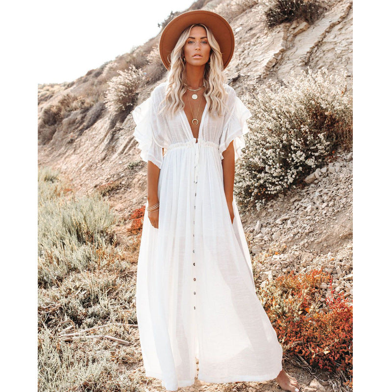 Beach Cover up Maxi Dress with Button Draw Waist Strap - Sun Protection Shirt - Ootddress