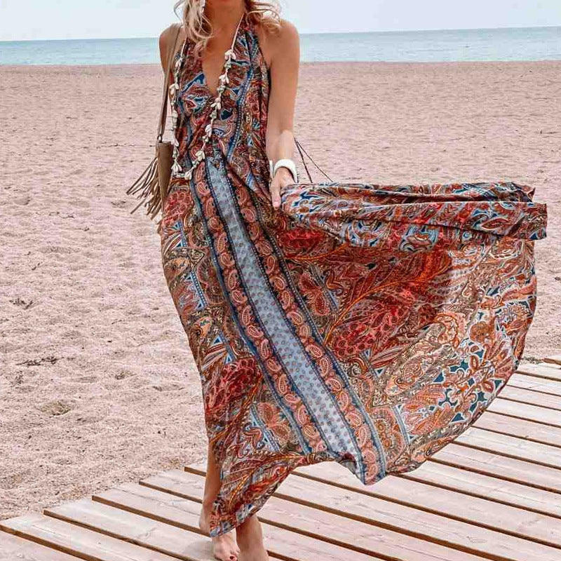 Women's Spring Summer Bohemian Maxi Dress - V-neck Halter with Vibrant Prints - Ootddress