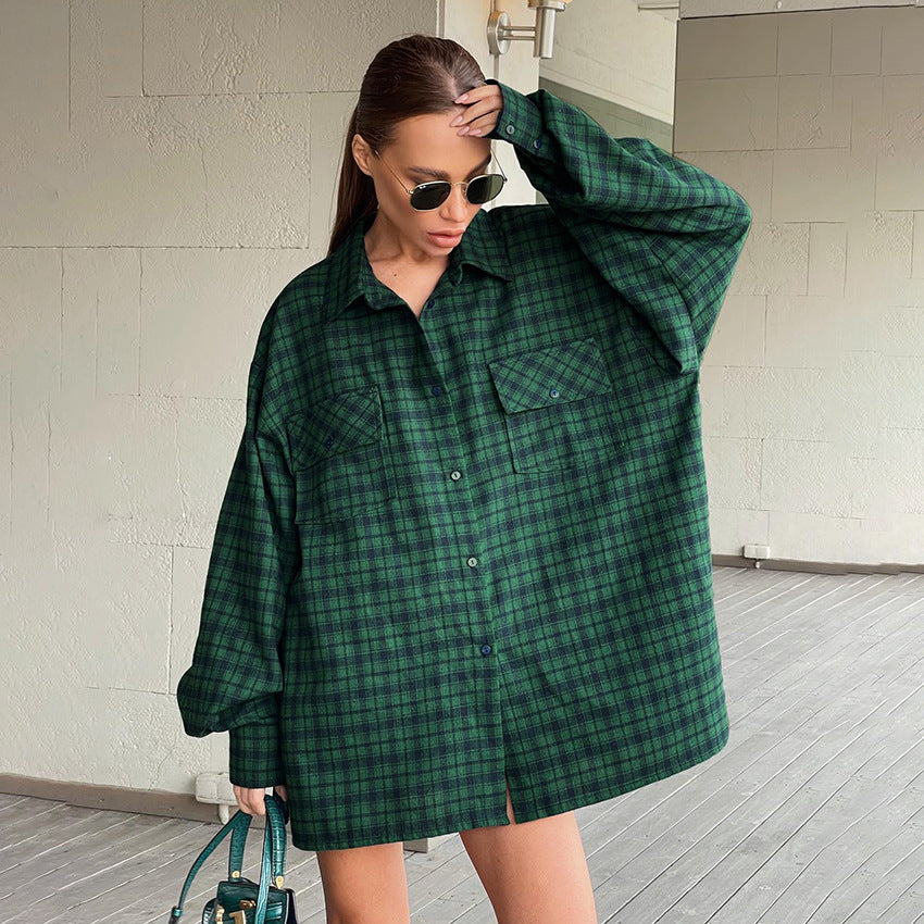 Women's Retro Plaid Shirt: Green Boyfriend Mid Length Oversize - Ootddress