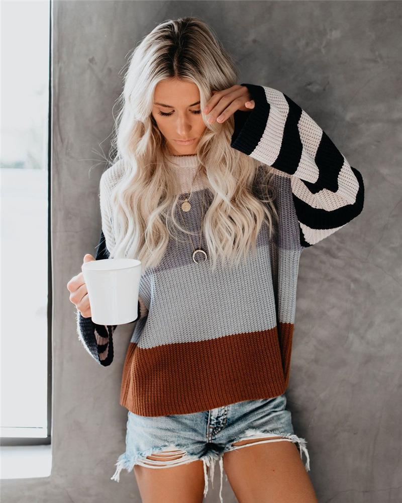 Autumn Women's Color Splicing Knitwear Pullover: Office-Ready Loose Striped Sweater - Ootddress