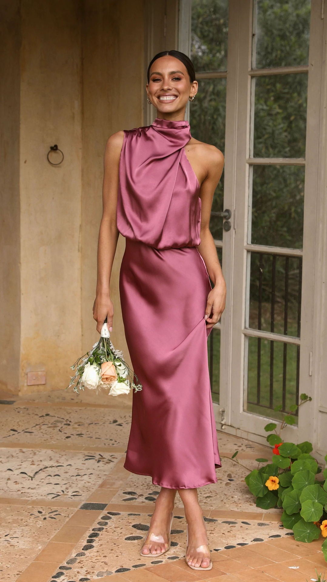 Summer Mature Elegant Women Clothing Sleeveless Halter Solid Color Satin Dress - Ootddress