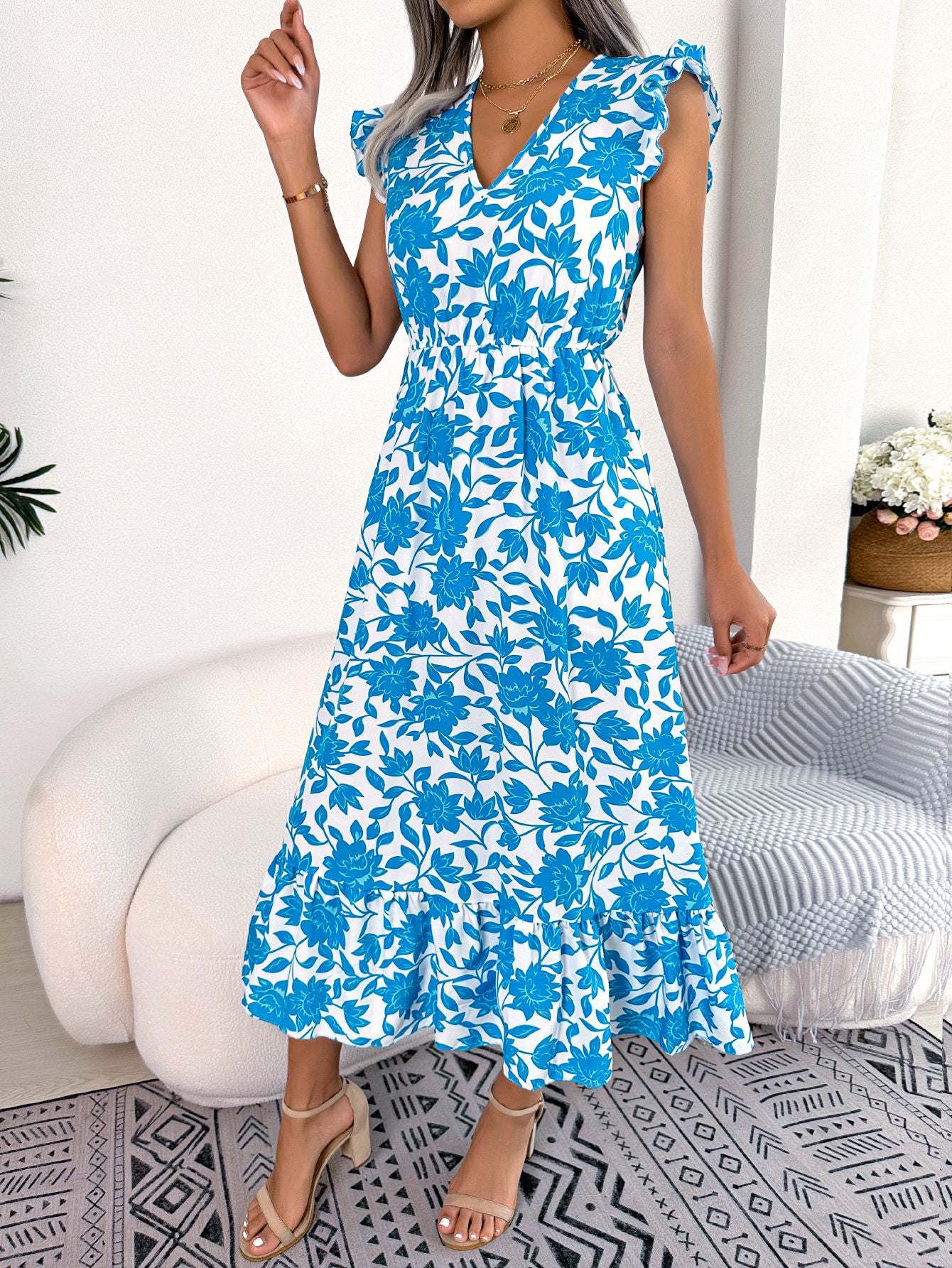 Spring Summer Casual Wooden Ear Floral Waist Slimming Maxi Dress Holiday Dress Women Clothing - Ootddress