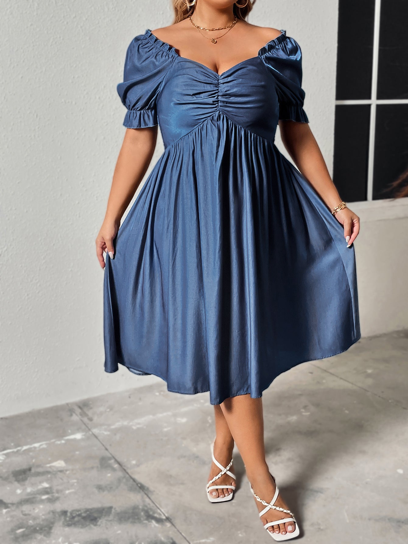 Plus Size Women's Summer Elegant Square Neck Cinched Slimming Dress - Ootddress