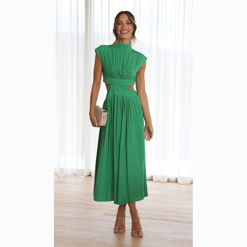 Sweet Street Summer Stand Collar Solid Color Cropped Outfit Maxi Dress - Ootddress