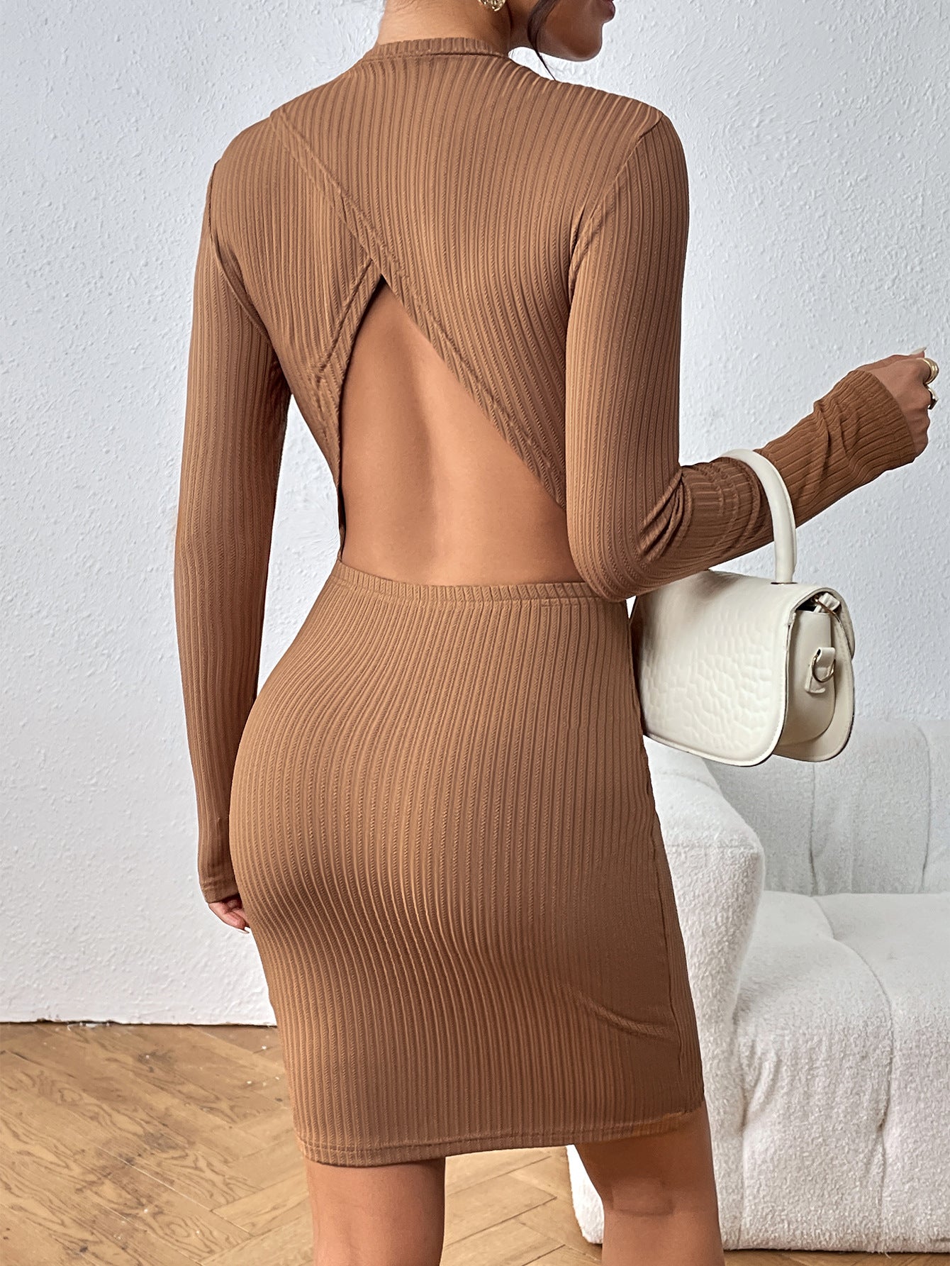 Women Backless Long Sleeves Slim Fit Sheath Sexy Women Knitting Dress - Ootddress