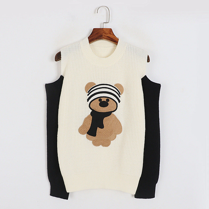 Ripped-Shoulder Sweater: Autumn Winter Korean Little Bear Embroidered Younger Sweater - Ootddress
