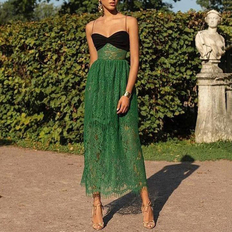 Women's Green Lace Hollow Out Cutout Maxi Dress with Sexy Suspenders for Holiday Mopping - Ootddress