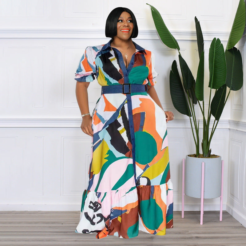 Plus Size Summer  Color Printing with Belt Loose  Women Clothing Dress - Ootddress