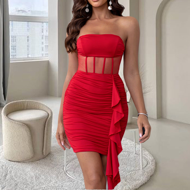 Party Dress: Slim Fit Sexy Tube Top with Mesh Stitching - Sheath Dress - Ootddress