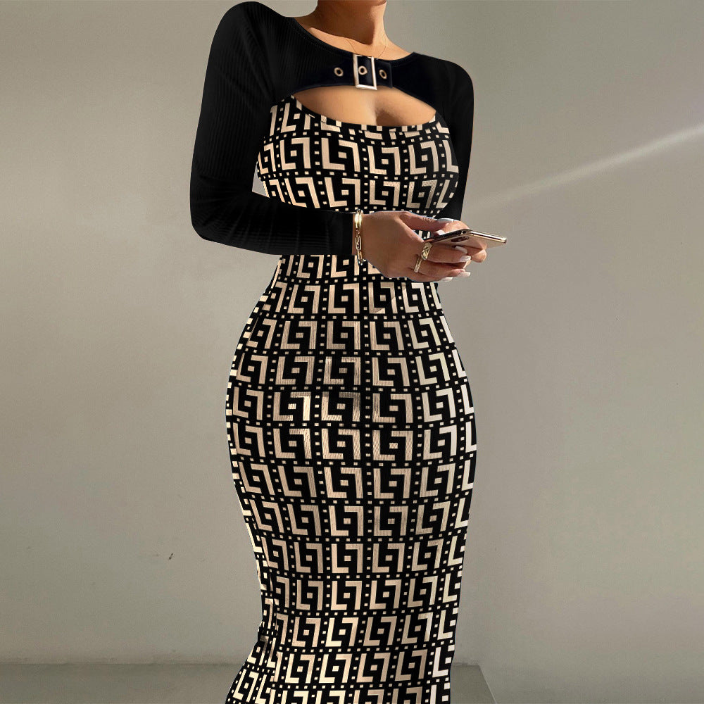 Plus Size Autumn Skinny Print False Two Piece Fishtail Dress for Women - Ootddress