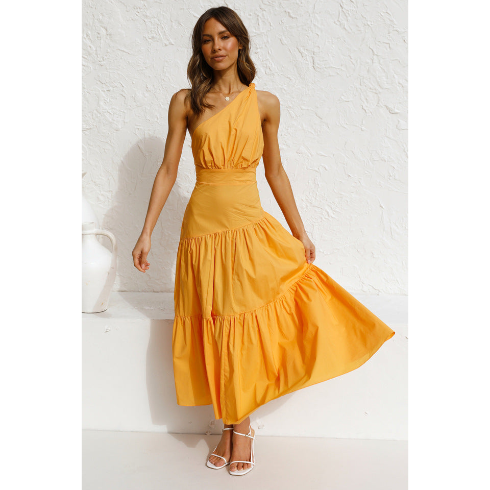 Spring Summer One-Shoulder Knotted Solid Color Fresh Long Sweet Dress - Ootddress