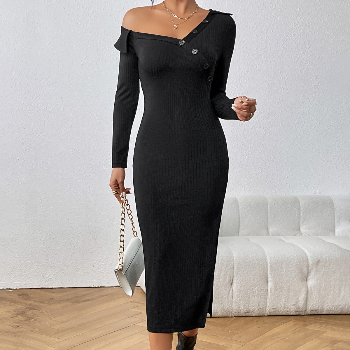 Women's Diagonal Neckline Sexy Slim High Waist Slit Dress - Ootddress