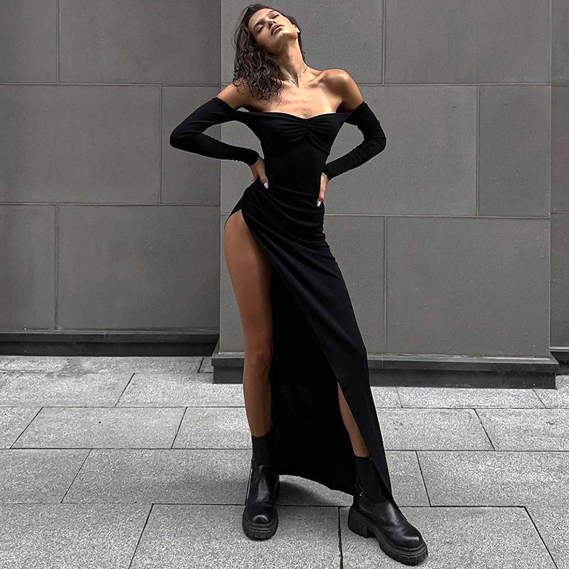 Women's Autumn Winter Off Shoulder Long Sleeve Fashion Dress with Side Slit - Stylish & Seductive - Ootddress