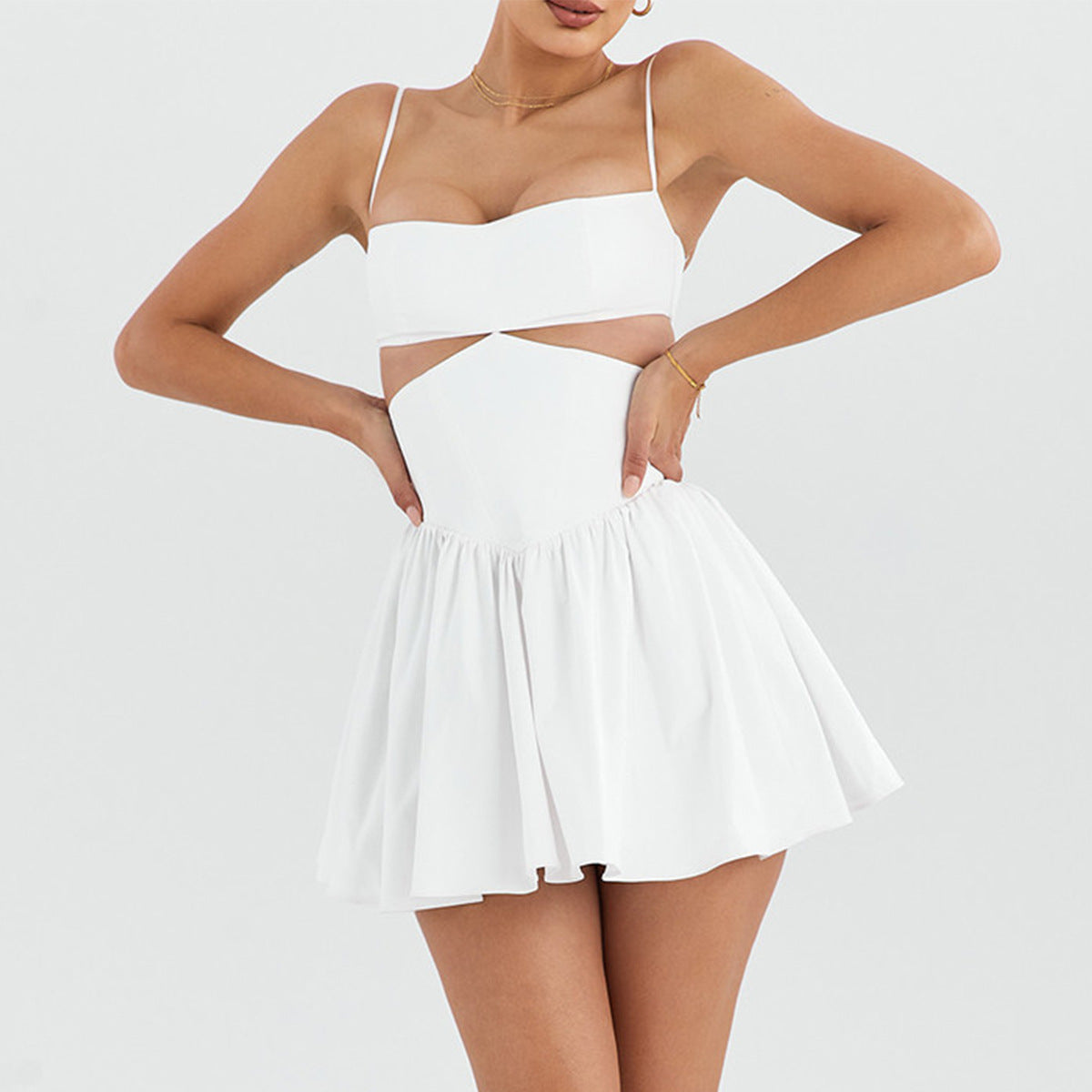 Women Clothing Sexy Cutout Cropped Outfit Suspender Solid Color Slim Fit Backless White Dress Short  Sexy - Ootddress