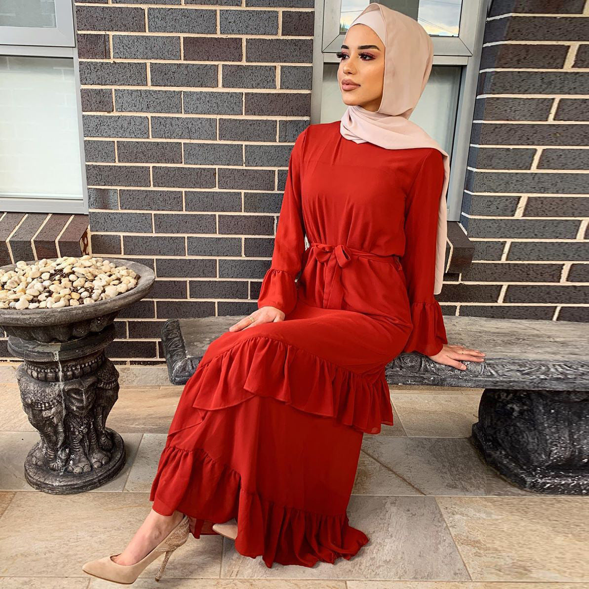 Women Muslim Ethnic Maxi Dress: Ruffled Patchwork Flared Sleeves - Ootddress