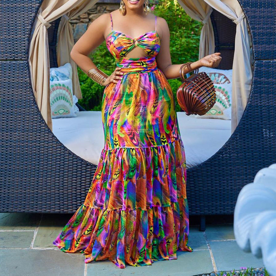 Summer Maxi Dress Spaghetti Strap Floral Print Sexy Large Swing Dress - Ootddress
